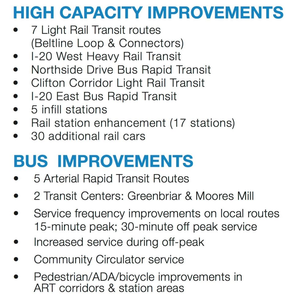 List of proposed MARTA upgrades including 7 light rail routes on the Beltline and bus rapid transit routes