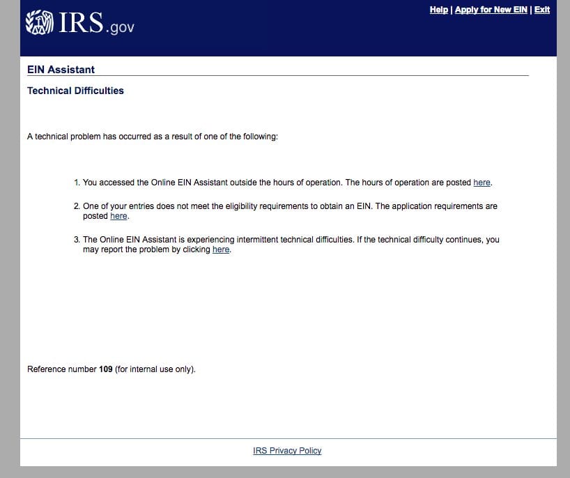 IRS EIN Assistant Technical Difficulties page listing outside hours of operation as a possible cause