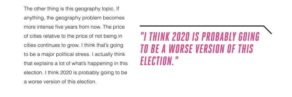 Interview excerpt on the price of cities beside a pink pull quote reading I think 2020 is probably going to be a worse version