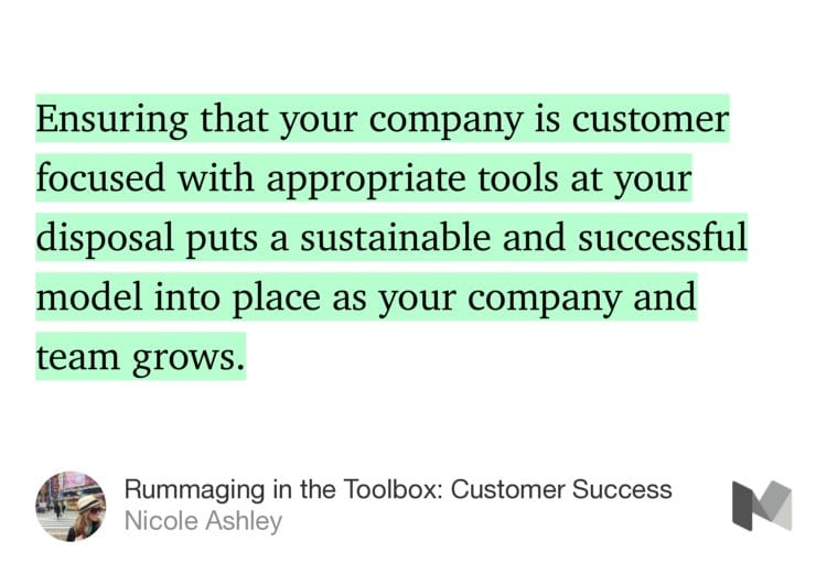 “…Ensuring that your company is customer focused with appropriate tools at your disposal puts a sustainable and successful model into place as your company and team grows.” from “Rummaging in the Toolbox: Customer Success” by Nicole Ashley.
