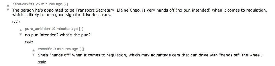 Hacker News thread where a user asks "what's the pun?" about Elaine Chao being hands off and another explains it