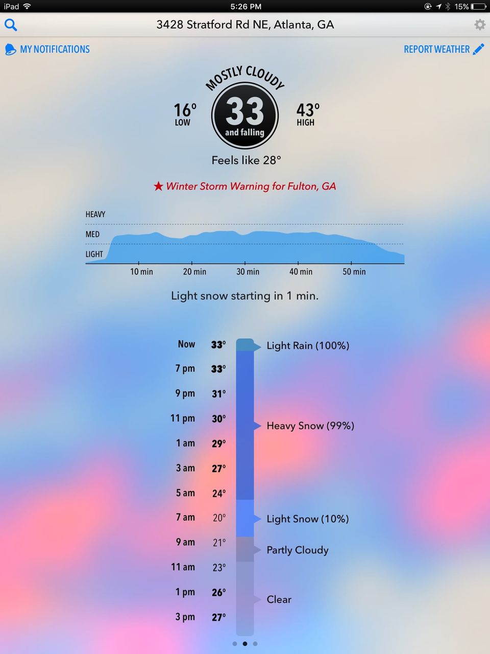 Weather app for Atlanta showing 33 and falling, a Winter Storm Warning and Heavy Snow (99%) overnight