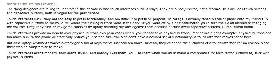Hacker News comment arguing touch interfaces suck because they're too easy to press by accident and too hard on purpose