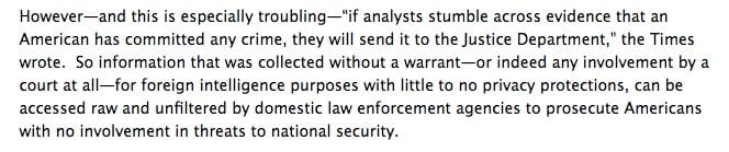 Excerpt saying NSA data collected without a warrant can be passed raw to domestic law enforcement