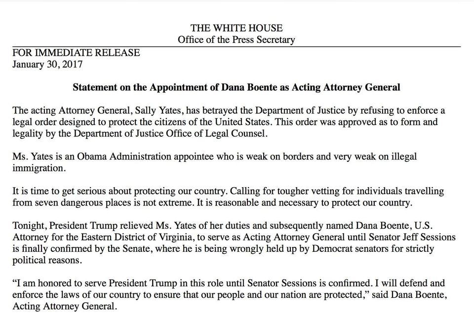 White House press release from January 30, 2017 saying acting Attorney General Sally Yates betrayed the DOJ