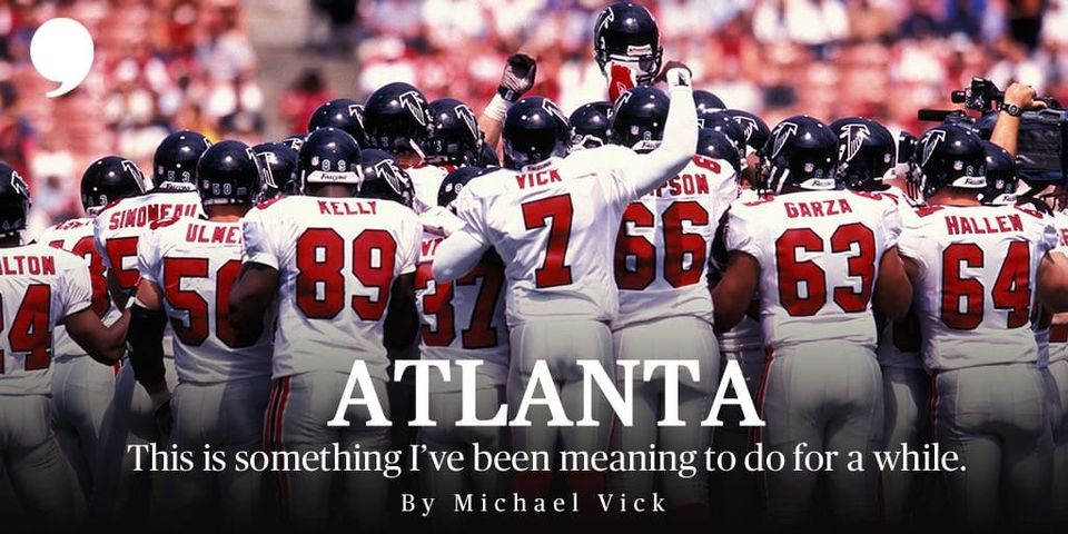 Falcons huddle around Vick's number 7 with the text Atlanta, This is something I've been meaning to do for a while