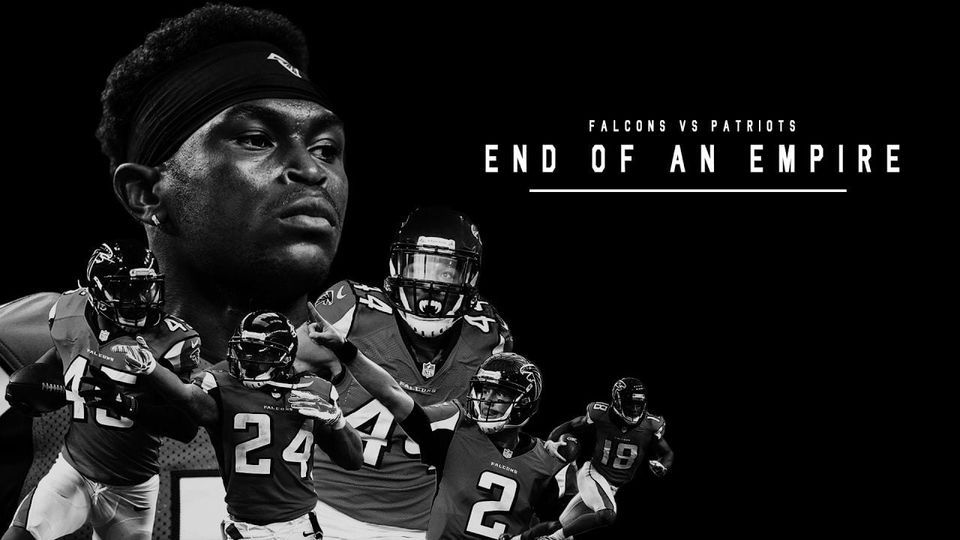 Black-and-white Falcons players collage with the text Falcons vs Patriots, End of an Empire