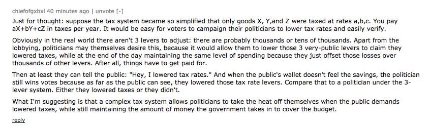 Hacker News comment arguing a complex tax system lets politicians lower visible rates while keeping spending