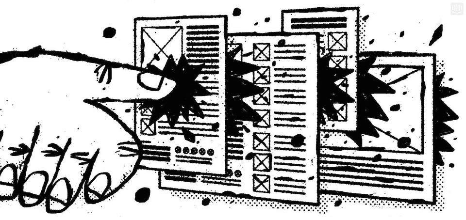 Ink illustration of a hand punching through a stack of wireframe web pages