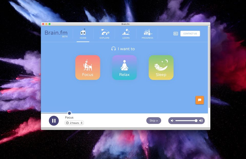 Brain.fm Mac window with Focus, Relax and Sleep tiles and a 2-hour Focus session playing over a colorful powder backdrop