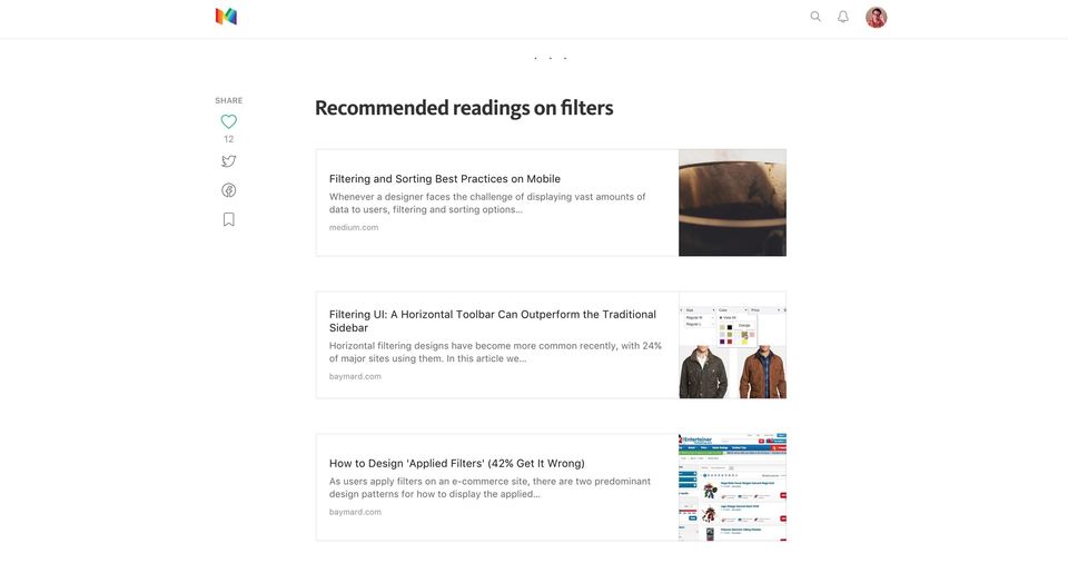 Medium post Recommended readings on filters with link cards to articles from medium.com and baymard.com