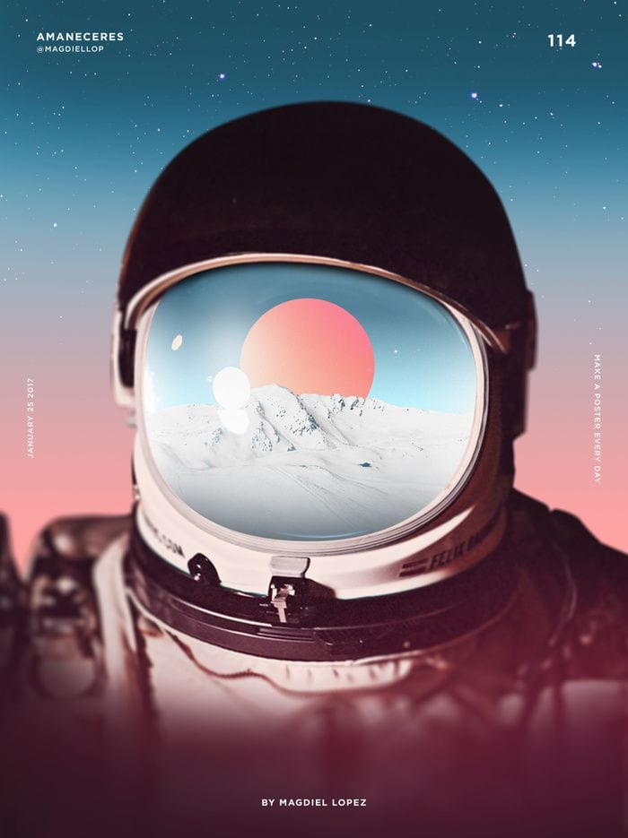 Poster titled Amaneceres of an astronaut whose visor reflects snowy mountains and a pink sun