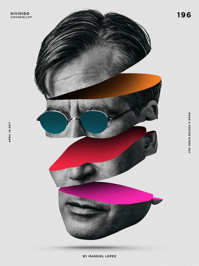Poster titled Dividido of a man's head in sunglasses sliced into floating layers with orange, red and pink cuts