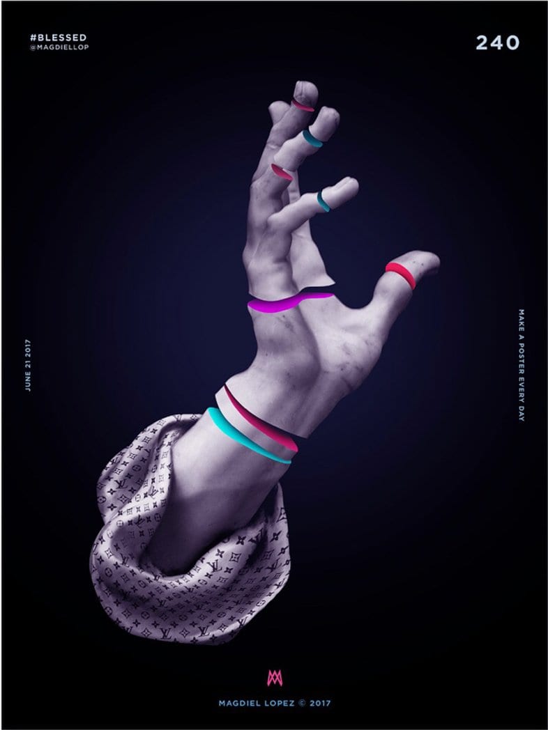 Poster titled #Blessed of a sculpted hand sliced with neon rings emerging from a Louis Vuitton print sleeve