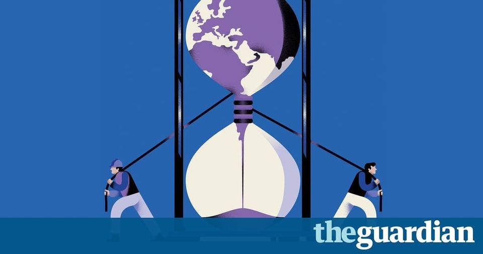 Illustration of two men pulling ropes on an hourglass with the globe draining into the lower bulb, Guardian logo