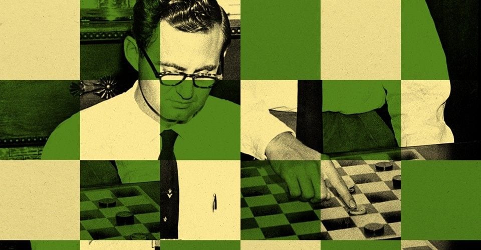 Green and cream checkerboard collage over a vintage photo of a man in glasses playing checkers