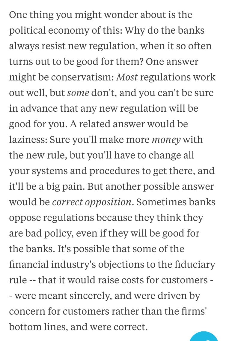 Money Stuff excerpt asking why banks resist new regulation that often turns out to be good for them