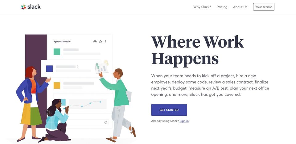Slack homepage with the serif headline Where Work Happens beside an illustration of three people around a chat window