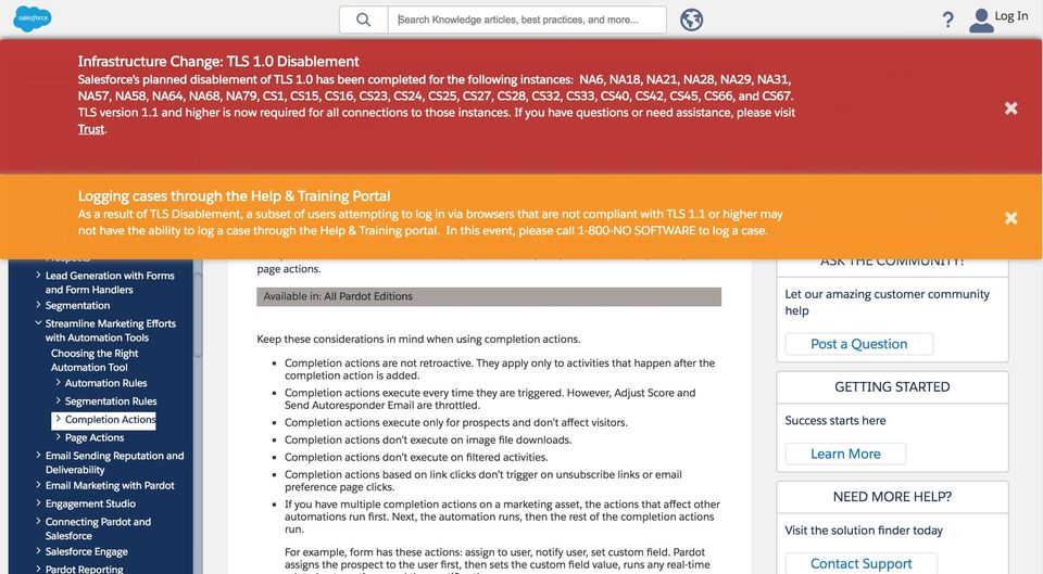 Salesforce help page covered by huge red and orange banners about TLS 1.0 disablement and logging cases