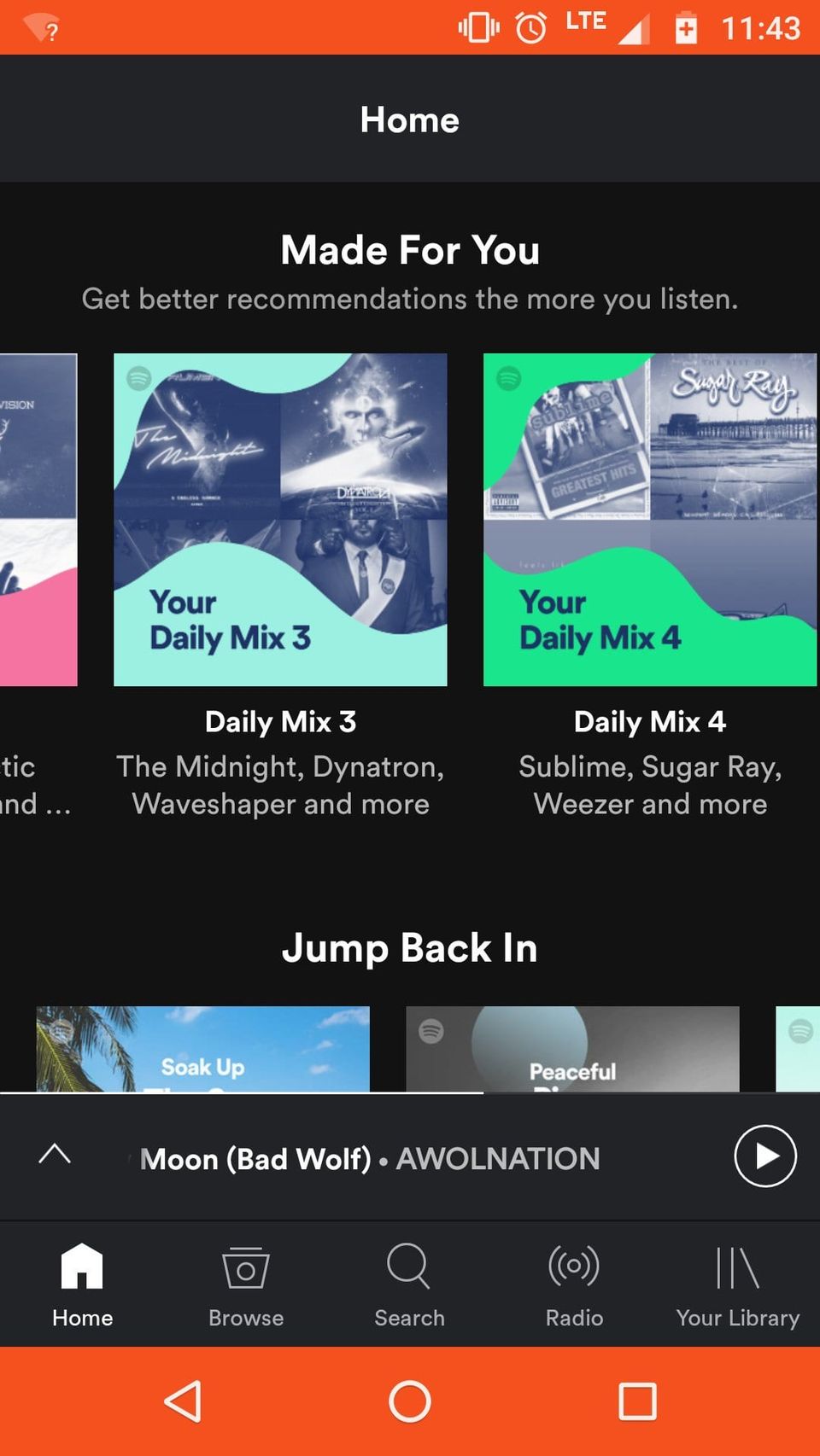 Spotify Android home screen with Daily Mix playlists and a bottom nav where the Browse icon looks like a washer