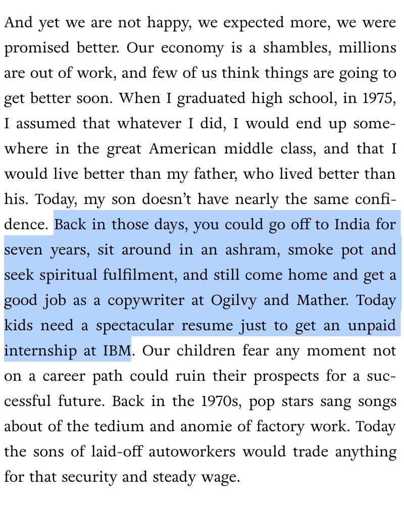Essay excerpt highlighting that kids once could spend years in an ashram and still land a copywriting job at Ogilvy