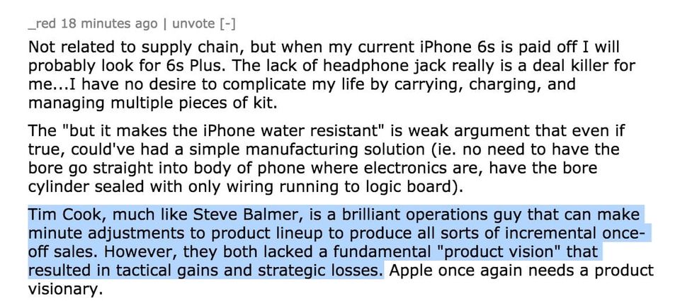 Hacker News comment with highlighted text comparing Tim Cook to Steve Ballmer as operators lacking product vision