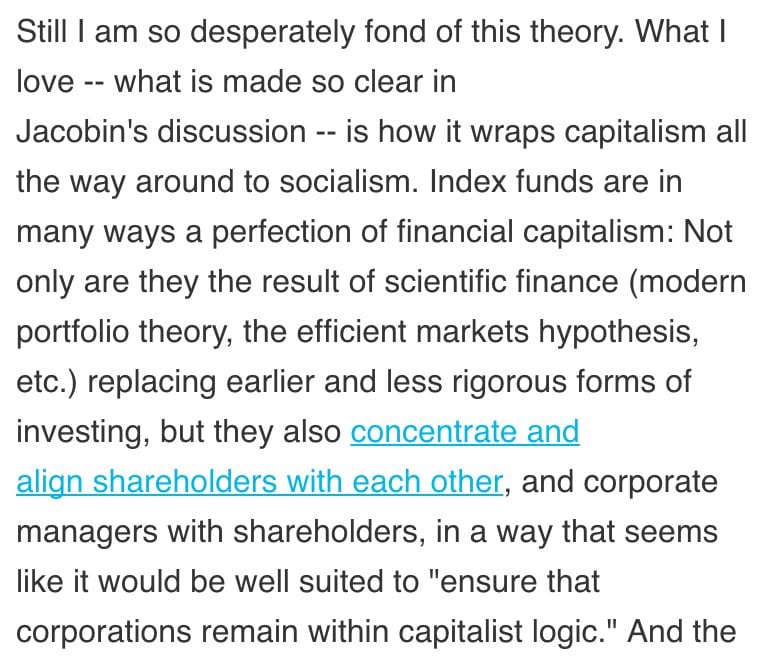 Money Stuff excerpt on how index funds wrap capitalism around to socialism