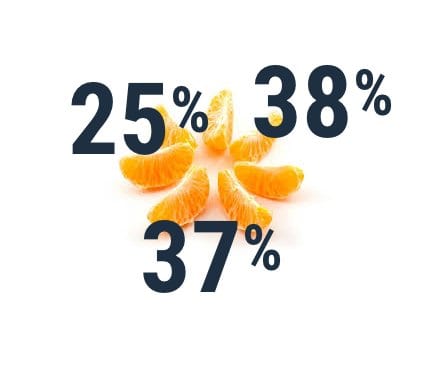 Tangerine segments with the percentages 25%, 38% and 37% in bold navy text