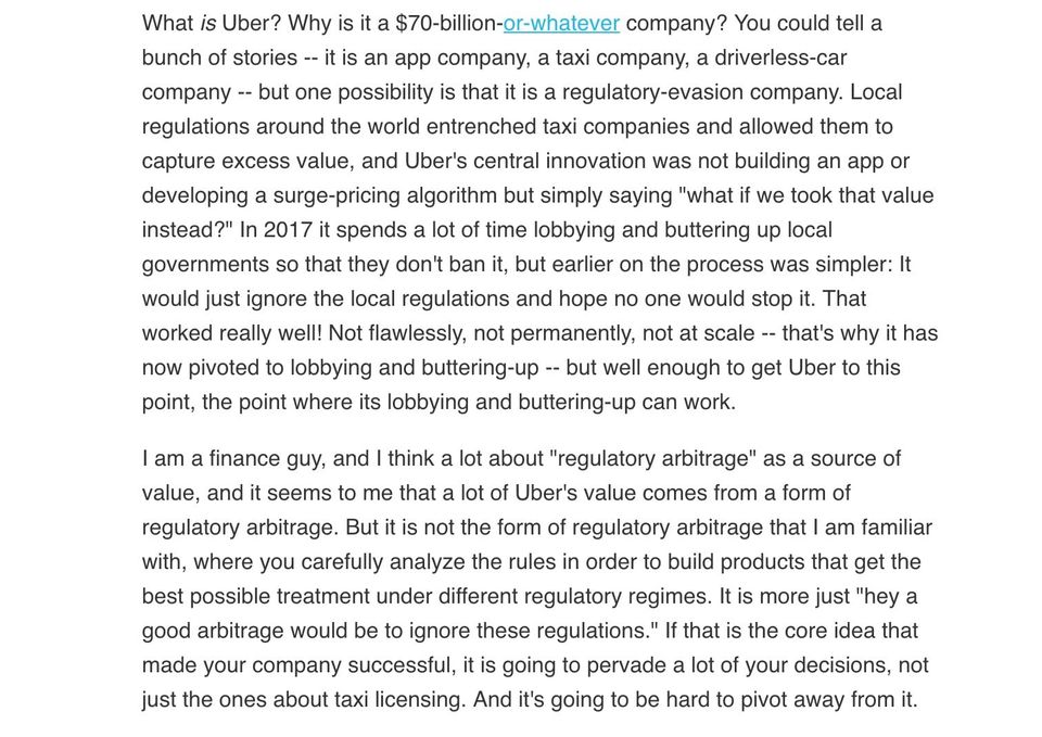 Matt Levine column excerpt asking What is Uber? and suggesting it's a regulatory-evasion company