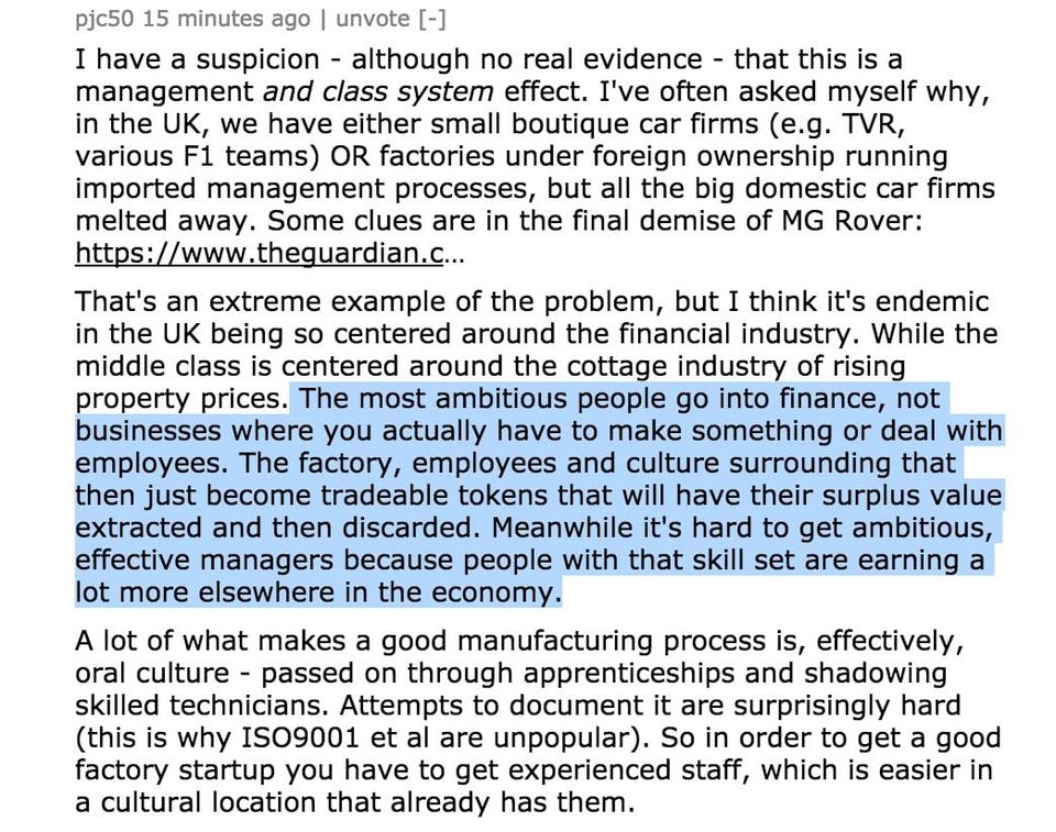 Hacker News comment with highlighted text saying ambitious people go into finance rather than businesses that make things