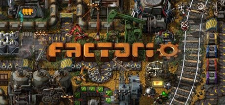 Factorio banner with the orange game logo over a dense top-down factory of machines, belts and rails
