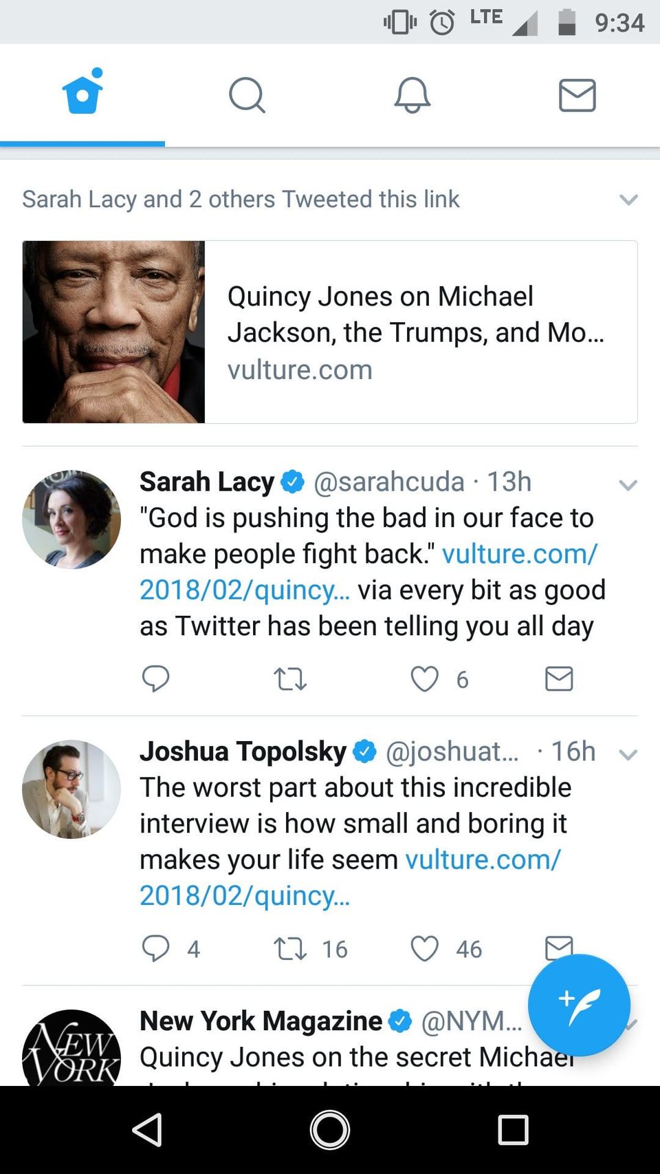 Twitter app card reading Sarah Lacy and 2 others Tweeted this link above a Vulture story and grouped tweets