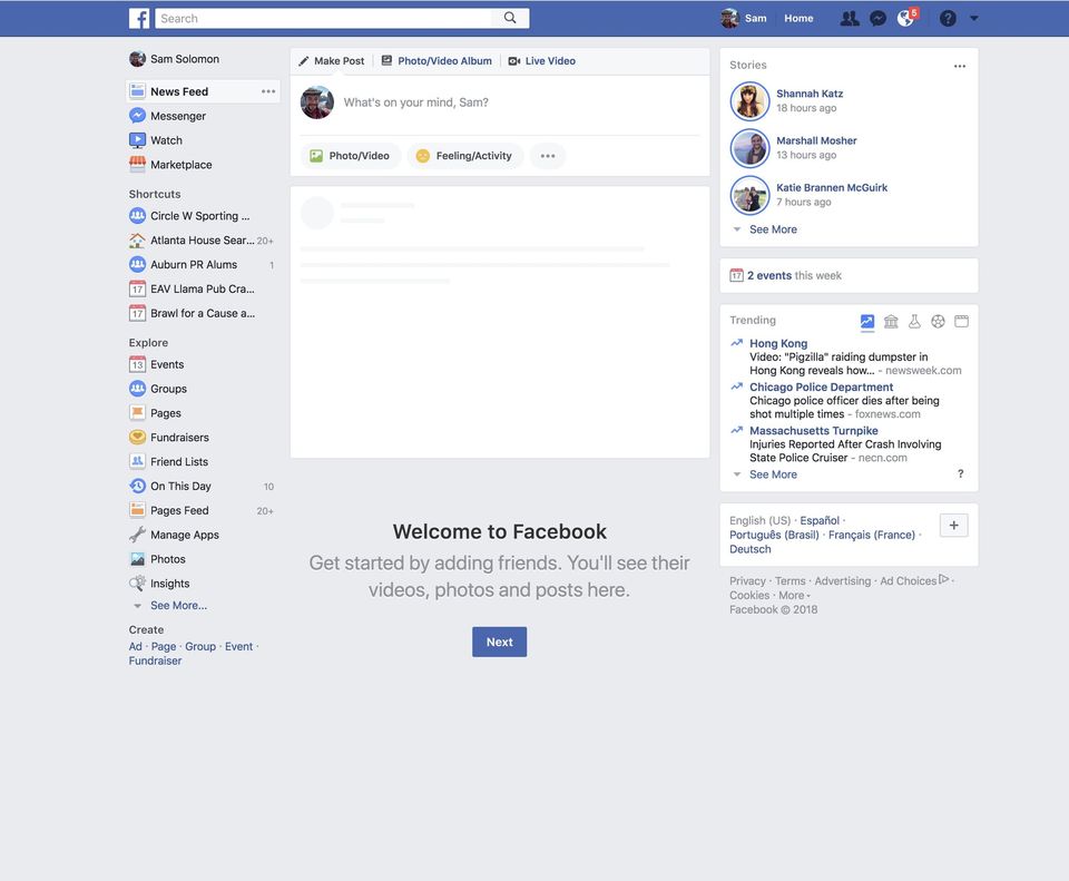 Facebook with an empty News Feed reading Welcome to Facebook, Get started by adding friends and a Next button