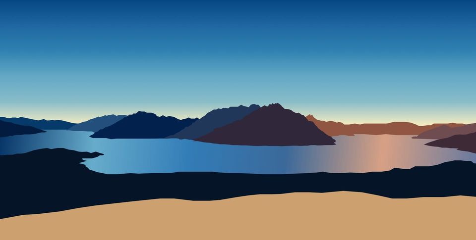 Flat vector illustration of mountains and a lake at dusk in blue and copper tones