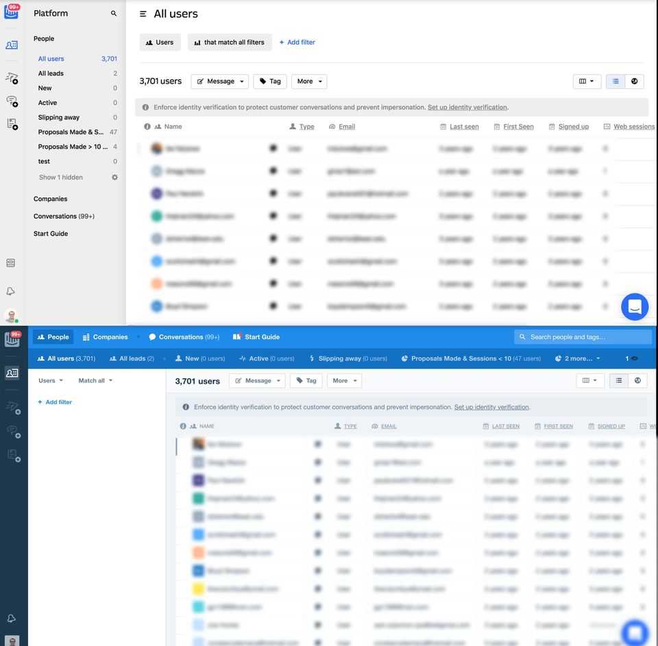 Intercom's new All users page with a left sidebar above the older layout with a blue top navigation bar