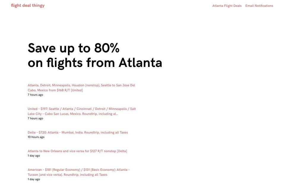 Flight deal thingy site reading Save up to 80% on flights from Atlanta above a list of fare deals