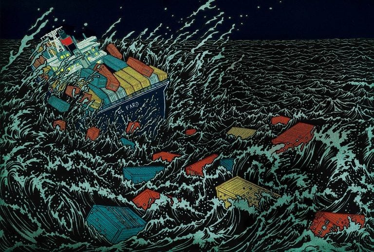 Illustration of the cargo ship El Faro listing in a violent dark sea with shipping containers tumbling into the waves