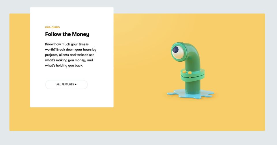 Toggl Follow the Money section beside a green pipe with a googly eye on a yellow background