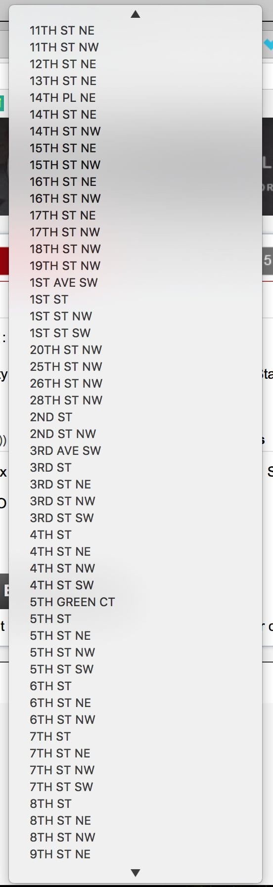 Long dropdown menu of street names like 11TH ST NE, 1ST AVE SW and 5TH GREEN CT