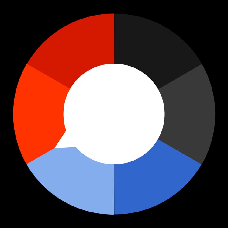 NPR One style icon, a ring of red, black and blue segments around a white speech bubble