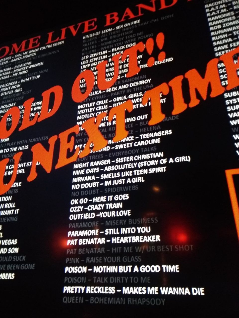 Live band karaoke list of songs from Kings of Leon to Queen with Sold Out, See You Next Time overlaid