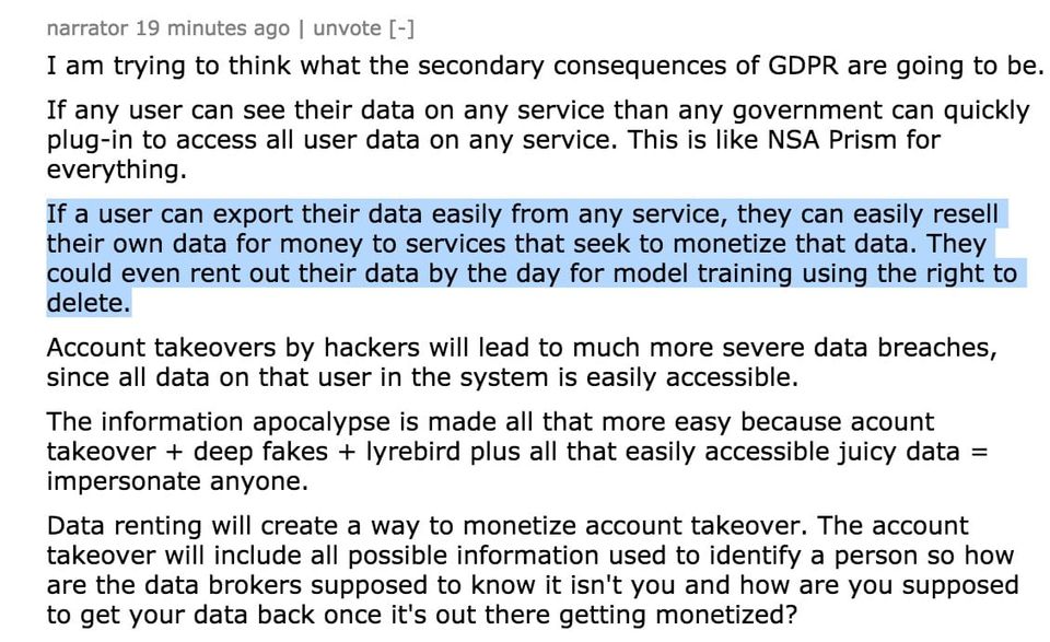 Hacker News comment by narrator on GDPR's consequences with a highlighted passage about users reselling their data
