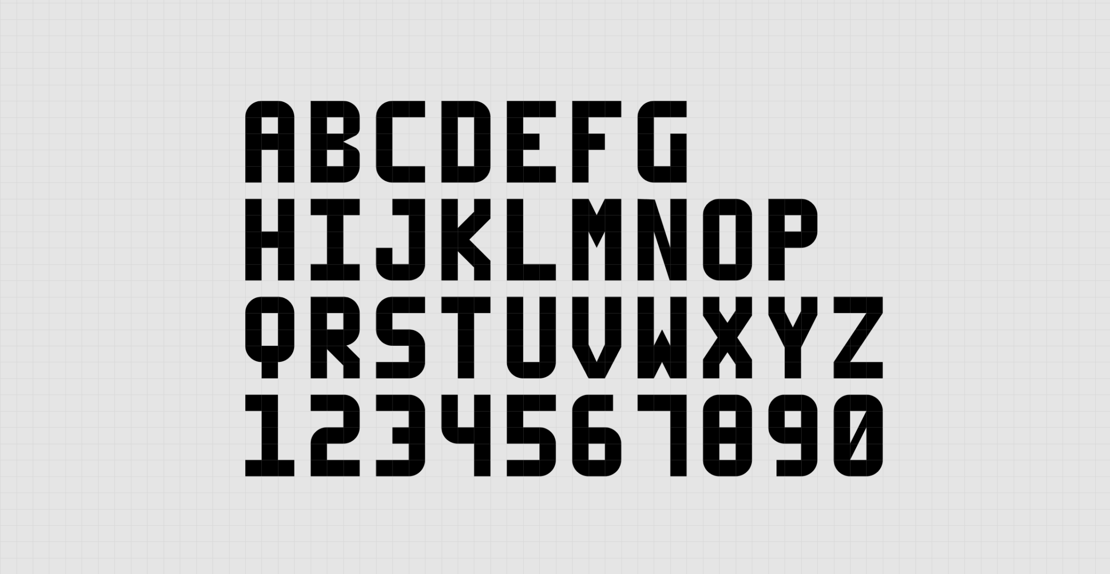 Full alphabet A–Z and digits 0–9 displayed in a bold, blocky geometric typeface on a light grid background