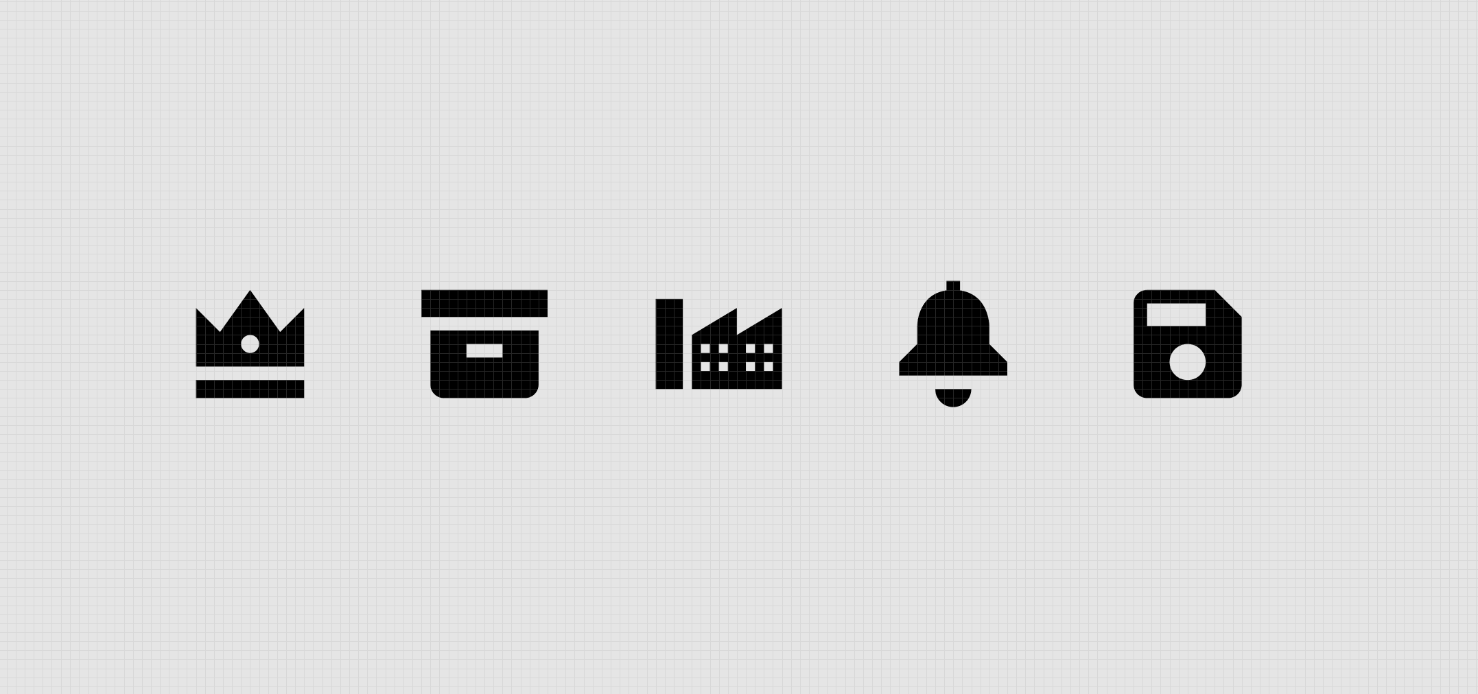 Five black UI icons on a grid background: a crown, an archive box, a building, a bell, and a floppy disk