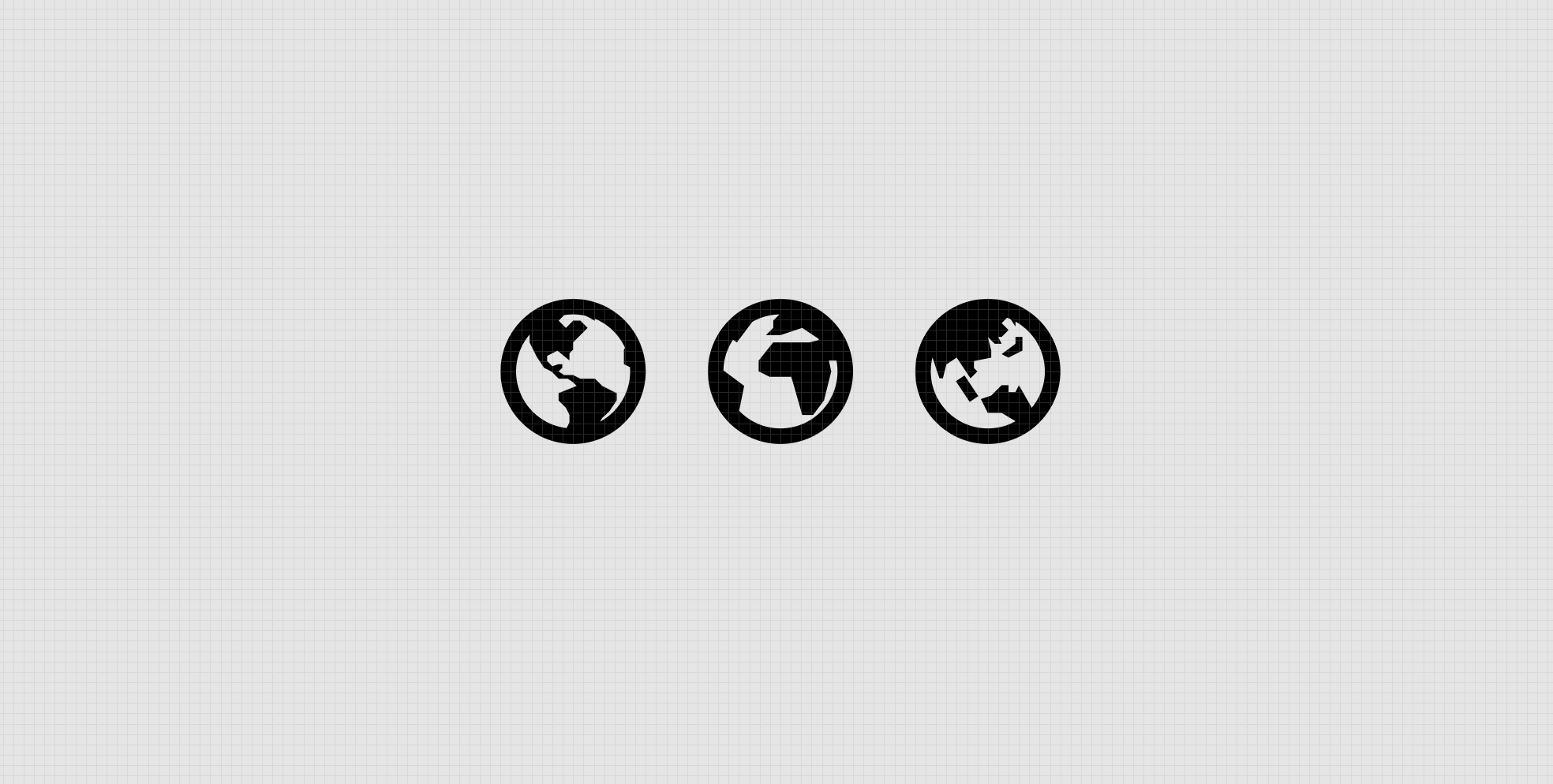 Three black globe icons on a grid background, each showing a different world region at increasing levels of pixelation