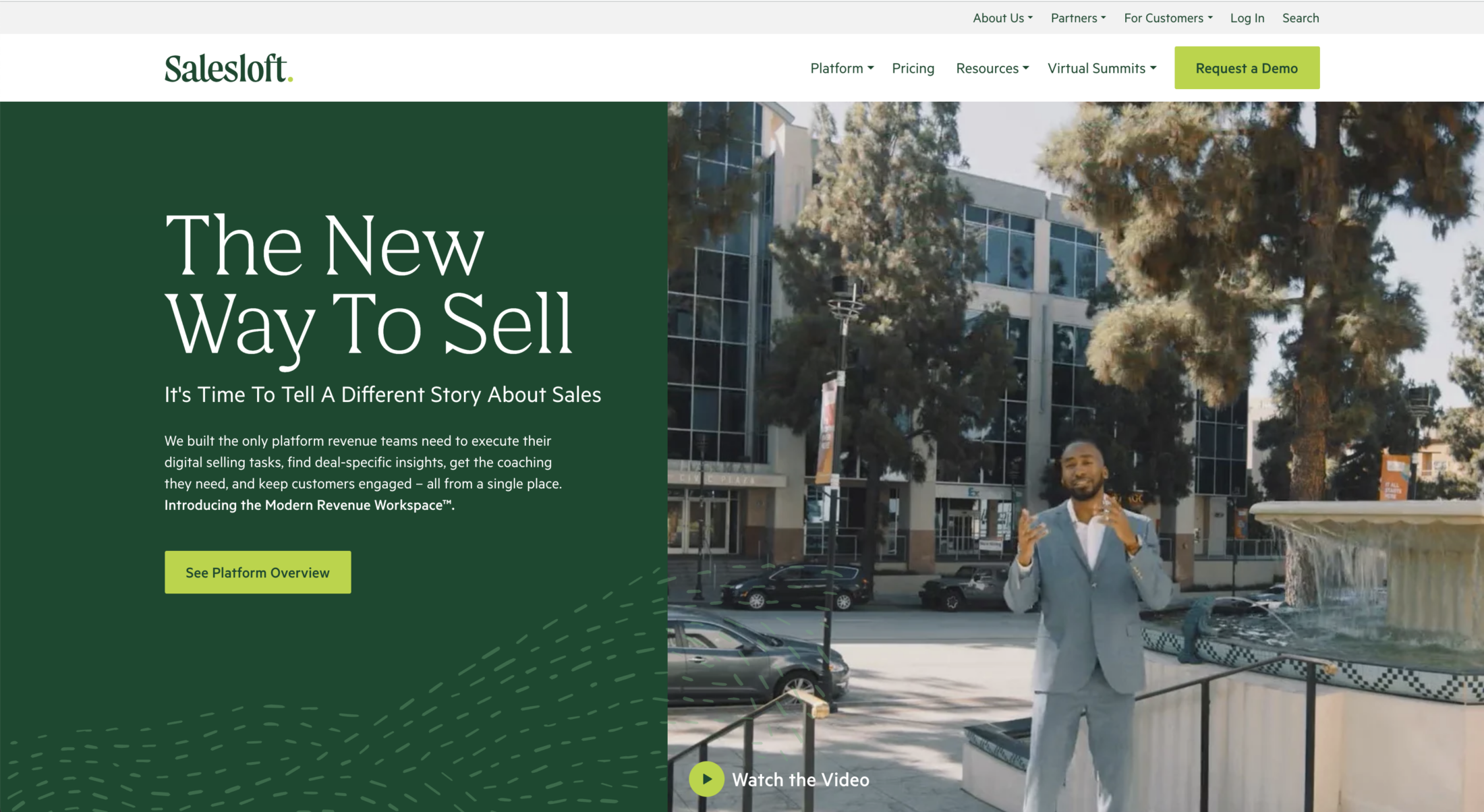 Salesloft homepage with the headline "The New Way To Sell" and a video thumbnail showing a man in a gray suit outdoors