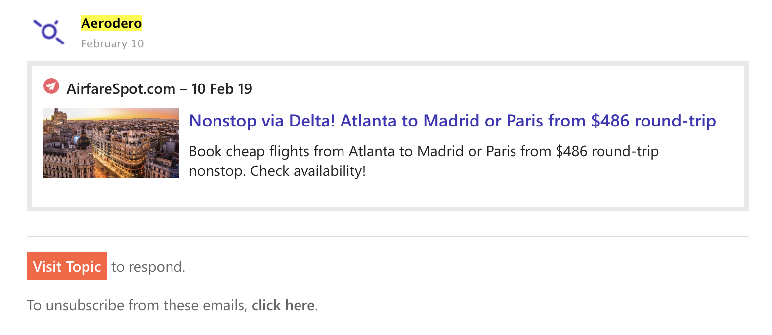 Aerodero app notification showing an AirfareSpot.com deal: "Nonstop via Delta! Atlanta to Madrid or Paris from $486 round-trip