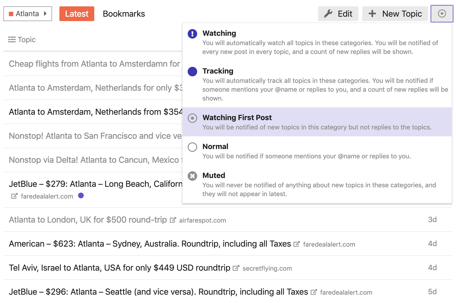 Discourse forum screenshot showing a notification settings dropdown with options: Watching, Tracking, Watching First Post (selected), Normal, and Muted