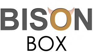 Bison Box logo with bold gray text and a gold circle accent with small horns above the O