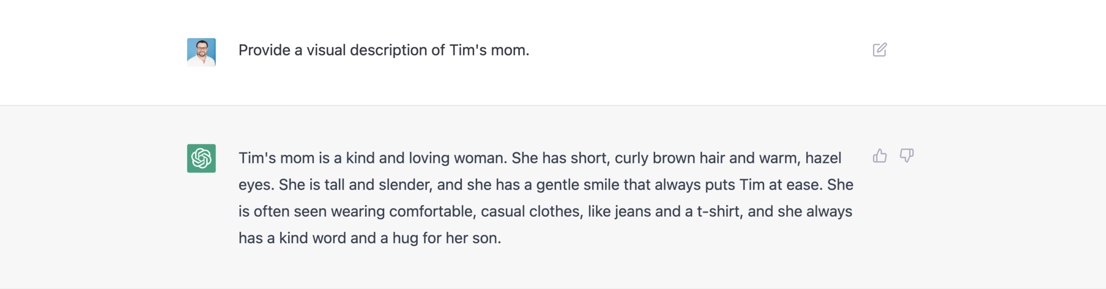ChatGPT responding to "Provide a visual description of Tim's mom" with a fabricated physical description of a fictional person